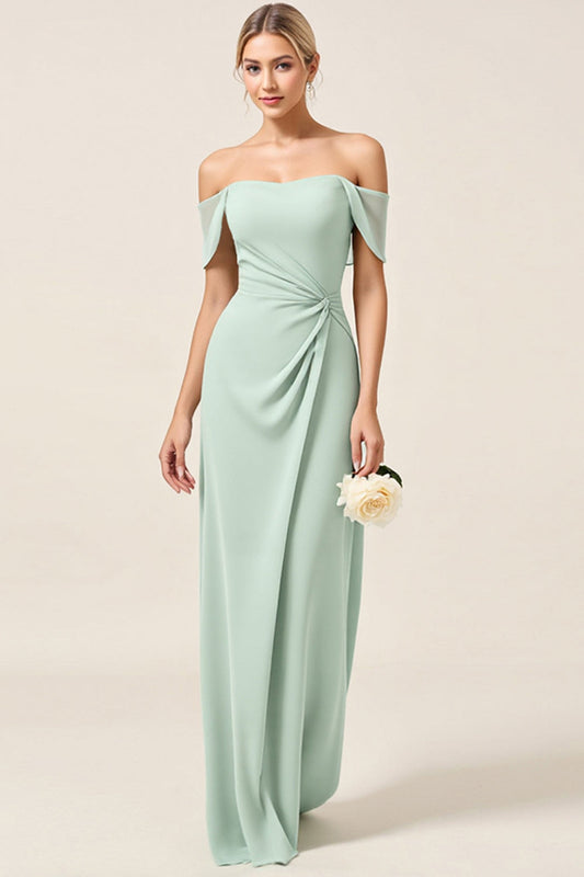 Mint Sheath Off the Shoulder Long Bridesmaid Dress with Slit