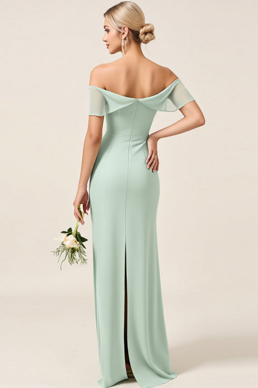 Mint Sheath Off the Shoulder Long Bridesmaid Dress with Slit