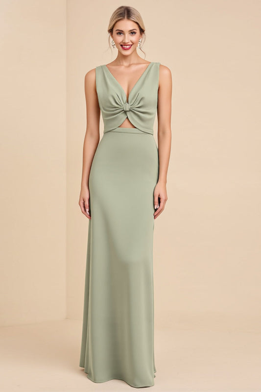 Sage Sheath V Neck Cut Out Maxi Long Bridesmaid Dress