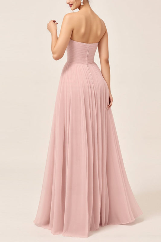 Blush Pink A Line Strapless Square Neck Maxi Bridesmaid Dress