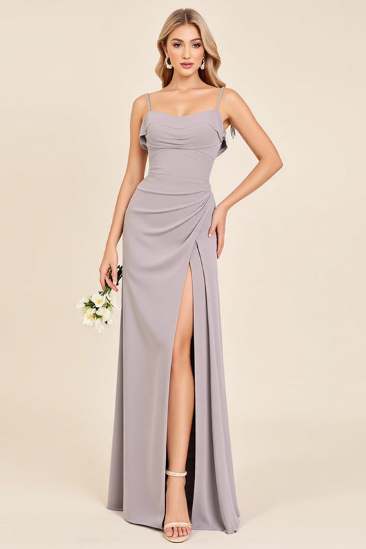 Silver Sheath Spaghetti Straps Long Bridesmaid Dress with Slit