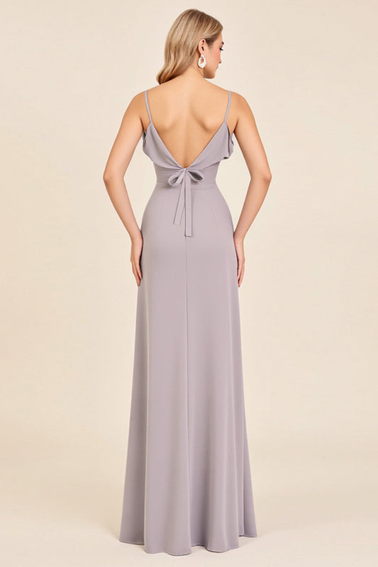 Silver Sheath Spaghetti Straps Long Bridesmaid Dress with Slit