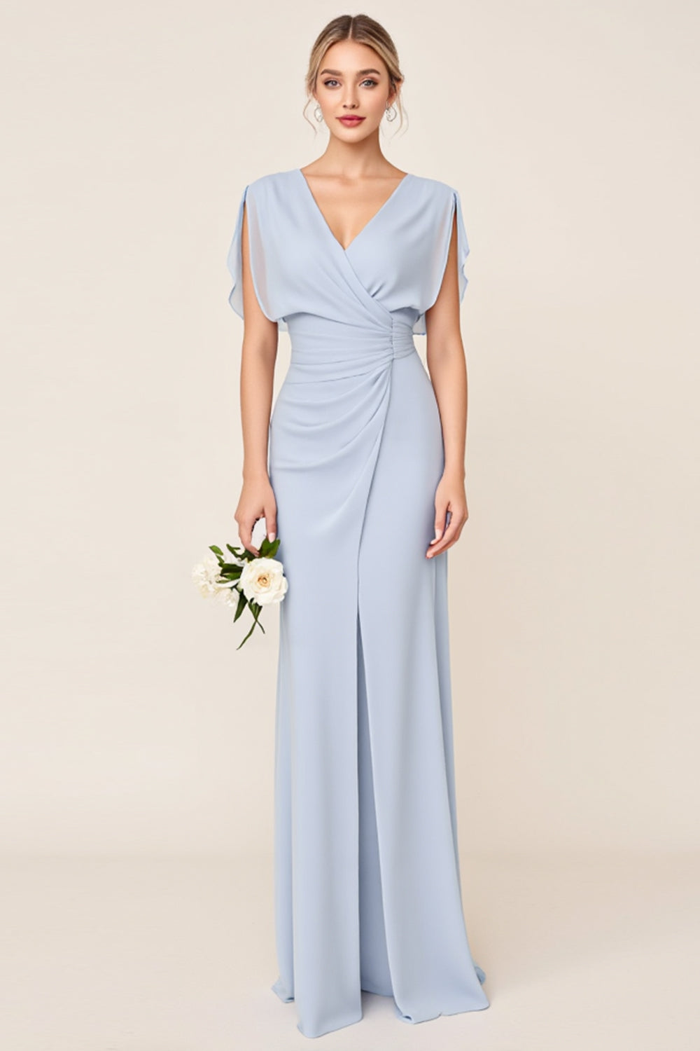Zapakasa Women Light Blue Sheath Maxi Bridesmaid Dress V Neck Backless
