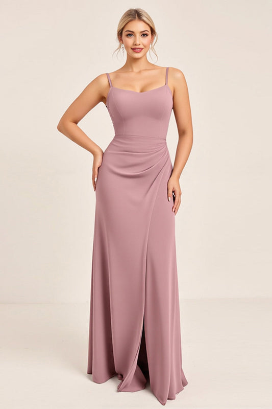 Vintage Mauve Sheath Spaghetti Straps Long Bridesmaid Dress with Bow