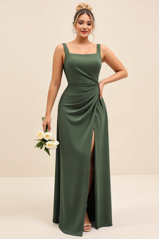 Olive Satin Square Neck Long Sheath Bridesmaid Dress with Slit