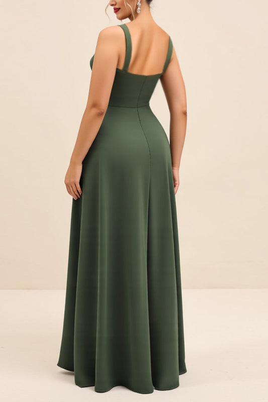 Olive Satin Square Neck Long Sheath Bridesmaid Dress with Slit