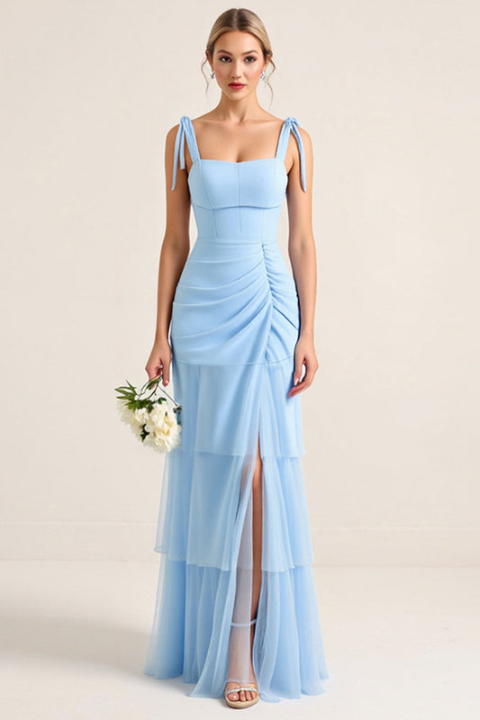 Sky Blue Sheath Tiered Square Neck Long Bridesmaid Dress with Slit