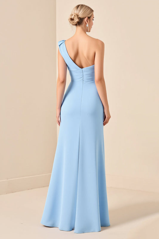 Sky Blue One Shoulder Sheath Long Maxi Bridesmaid Dress