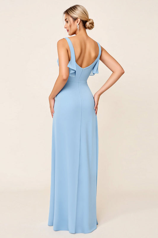 Sky Blue Long V Neck Sheath Satin Bridesmaid Dress