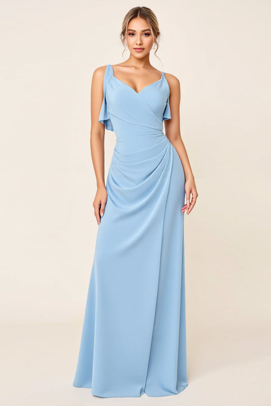 Sky Blue Long V Neck Sheath Satin Bridesmaid Dress