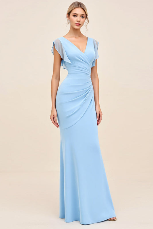Sky Blue Maxi V Neck Sheath Ruched Bridesmaid Dress