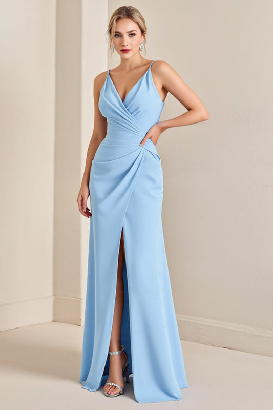 Sky Blue Sheath Spaghetti Straps Maxi Bridesmaid Dress with Slit