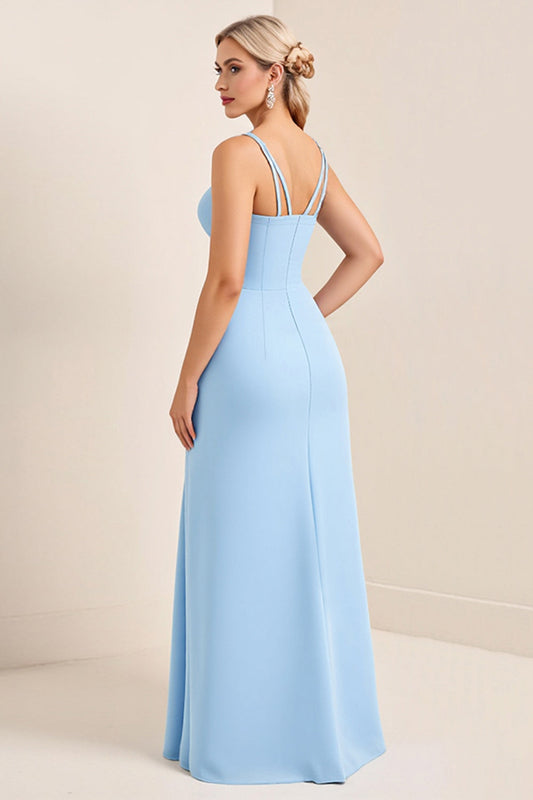 Simple Sky Blue Sheath Spaghetti Straps Long Bridesmaid Dress