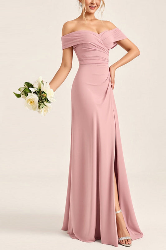 Sheath Blush Pink Off the Shoulder Maxi Bridesmaid Dress with Slit