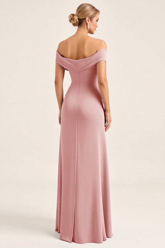 Sheath Blush Pink Off the Shoulder Maxi Bridesmaid Dress with Slit