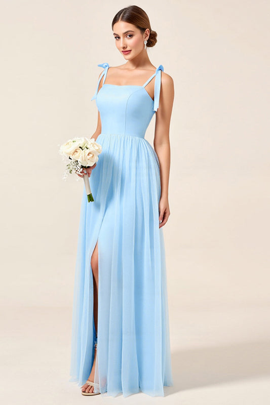Sky Blue A Line Spaghetti Straps Long Bridesmaid Dress with Slit
