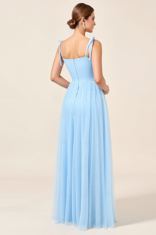 Sky Blue A Line Spaghetti Straps Long Bridesmaid Dress with Slit