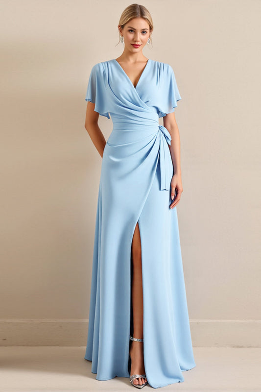 Sky Blue Sheath V Neck Long Bridesmaid Dress with Sleeves