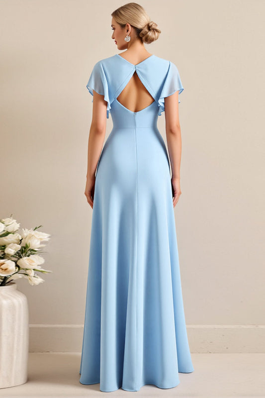 Sky Blue Sheath V Neck Long Bridesmaid Dress with Sleeves