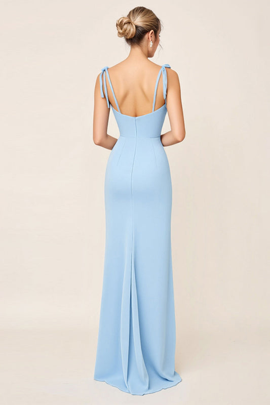 Sky Blue Spaghetti Straps Long Sheath Bridesmaid Dress with Slit