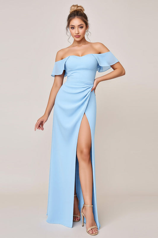 Sky Blue Sheath Off the Shoulder Maxi Bridesmaid Dress with Slit