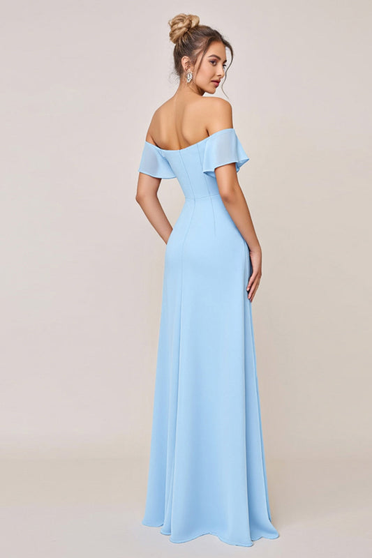 Sky Blue Sheath Off the Shoulder Maxi Bridesmaid Dress with Slit