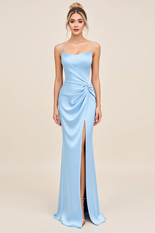Sky Blue Satin Square Neck Maxi Sheath Bridesmaid Dress with Slit