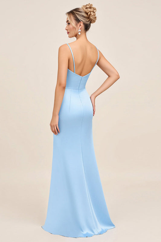 Sky Blue Satin Square Neck Maxi Sheath Bridesmaid Dress with Slit