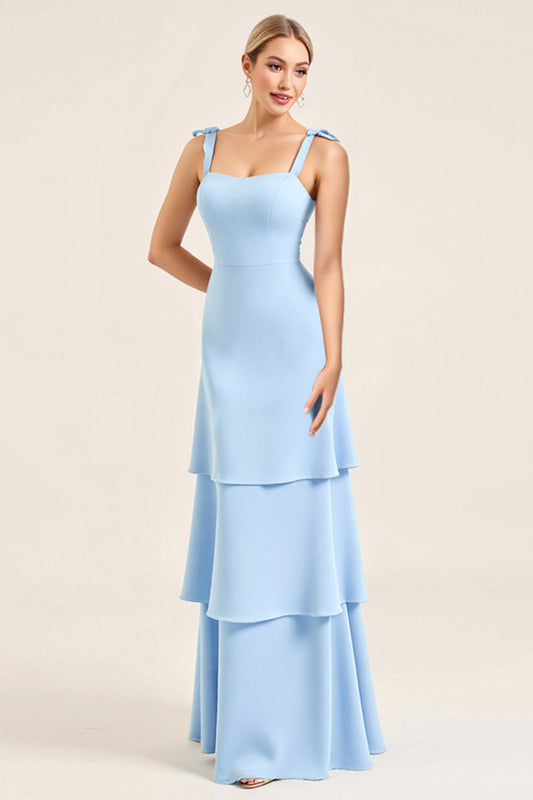 Sky Blue Tiered Spaghetti Straps Maxi Bridesmaid Dress with Slit