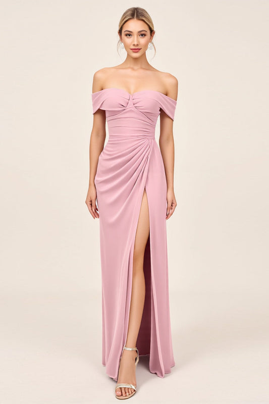 Blush Pink Off the Shoulder Long Sheath Bridesmaid Dress with Slit