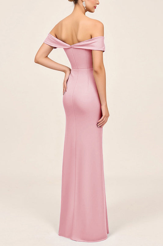Blush Pink Off the Shoulder Long Sheath Bridesmaid Dress with Slit