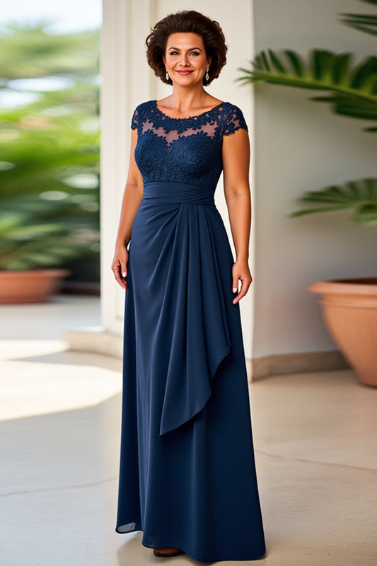 Navy Sheath Ruched Illusion Neck Long Mother of the Bride Dress