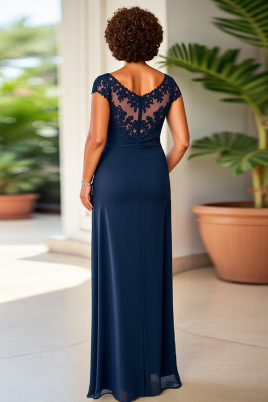 Navy Sheath Ruched Illusion Neck Long Mother of the Bride Dress