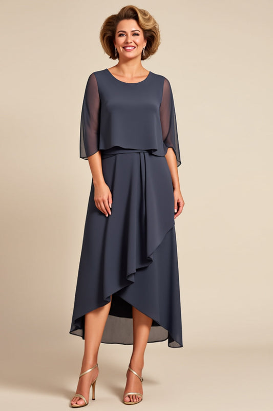 Ink Grey A Line Chiffon Long Mother of the Bride Dress with Sleeves