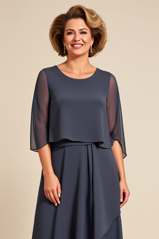 Ink Grey A Line Chiffon Long Mother of the Bride Dress with Sleeves