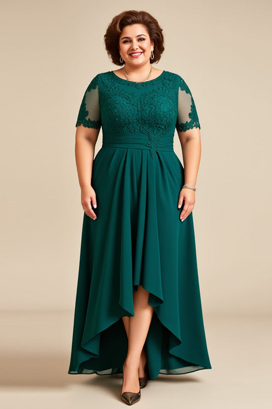 Pine Appliqued Chiffon High-Low Mother of the Bride Dress