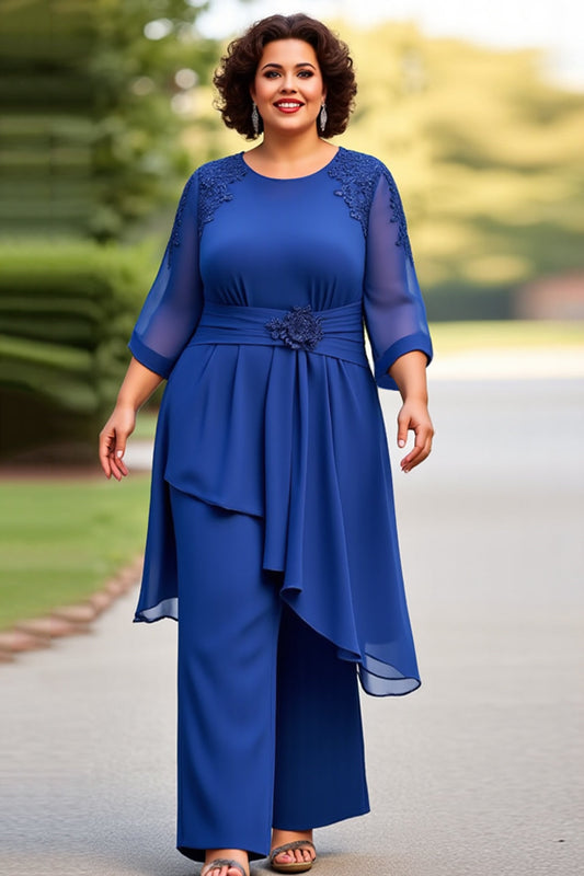 Royal Blue Appliqued Scoop Chiffon Jumpsuit with 3/4 Sleeves