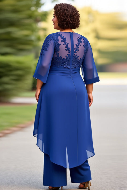 Royal Blue Appliqued Scoop Chiffon Jumpsuit with 3/4 Sleeves