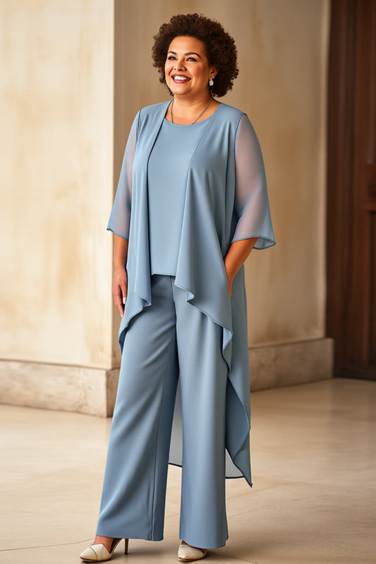 Dusty Blue Chiffon Jumpsuit Mother of the Bride Dress with 3/4 Sleeves