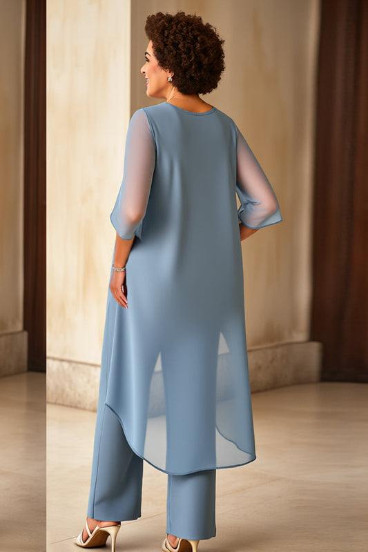 Dusty Blue Chiffon Jumpsuit Mother of the Bride Dress with 3/4 Sleeves