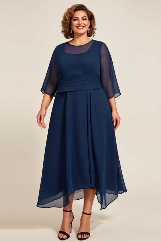 Navy A Line Chiffon Plus Size Long Mother of the Bride Dress