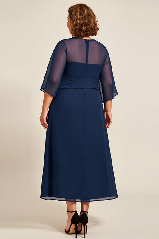 Navy A Line Chiffon Plus Size Long Mother of the Bride Dress