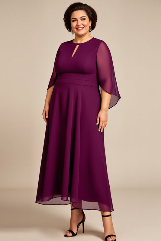 A Line Purple Keyhole Chiffon Mother of the Bride Dress with Sleeves