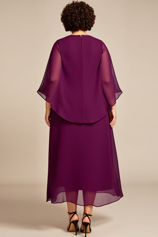 A Line Purple Keyhole Chiffon Mother of the Bride Dress with Sleeves