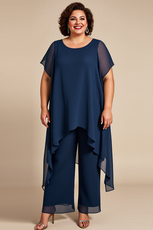 Navy Chiffon Scoop 2 Piece Jumpsuit with Short Sleeves