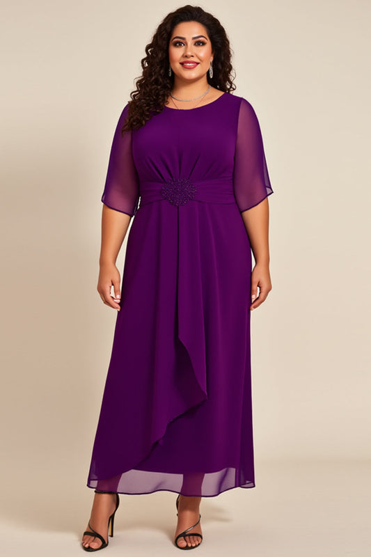 Purple Pleated A Line Chiffon Mother of the Bride Dress with Sleeves