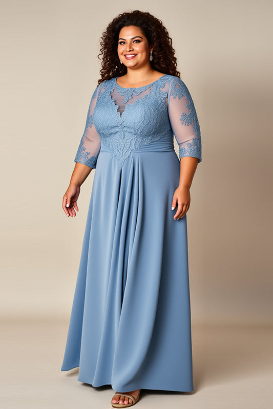 Dusty Blue Appliqued Lace Mother of the Bride Dress with Sleeves