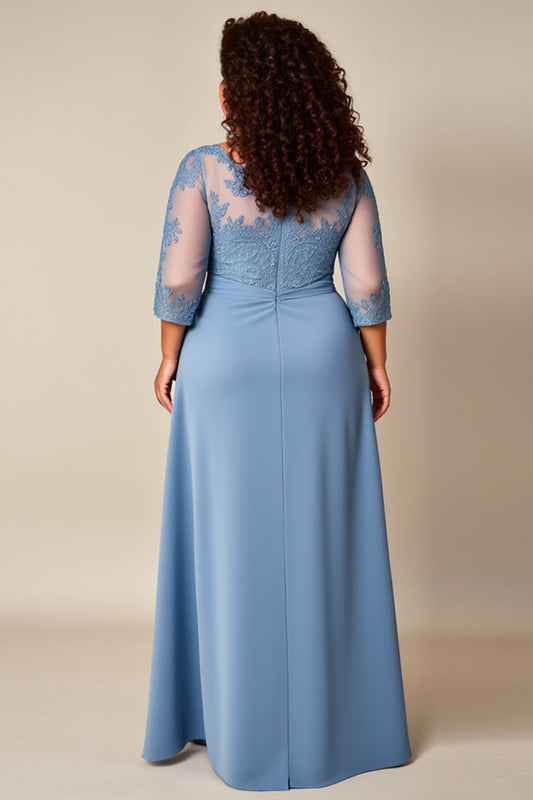 Dusty Blue Appliqued Lace Mother of the Bride Dress with Sleeves
