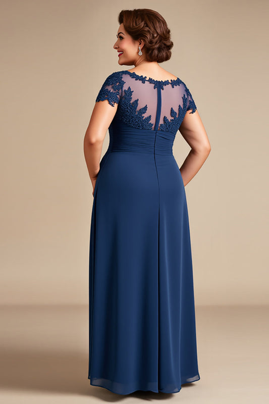 Navy Illusion Neck Plus Size Long Mother of the Bride Dress with Lace