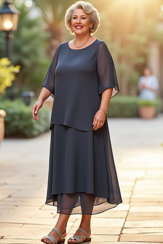 Steel Grey Scoop A Line Long Chiffon Mother of the Bride Dress